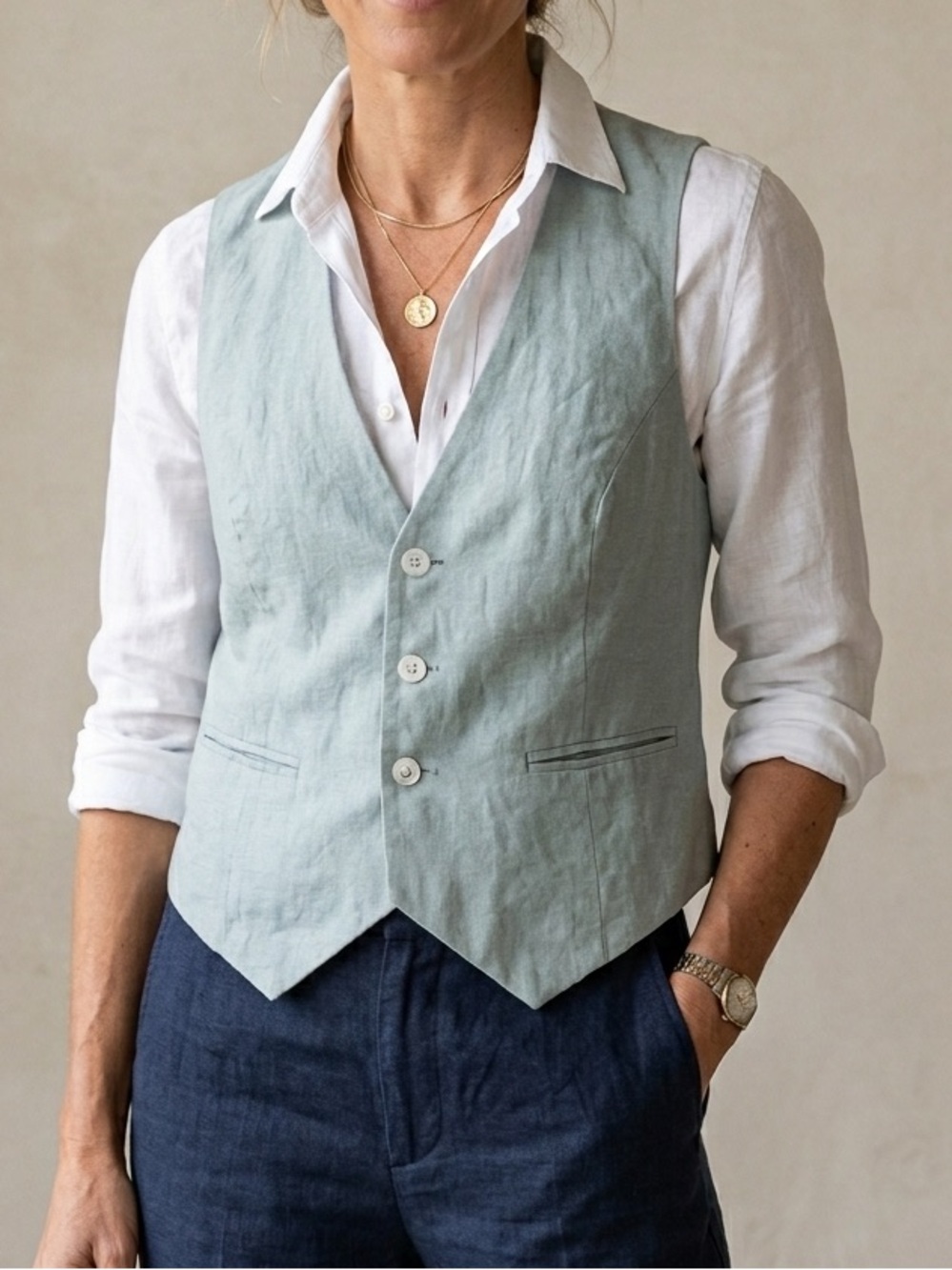 FLANNEL The Label Sage Green 100% Linen Button Front Vest Size 2 Medium